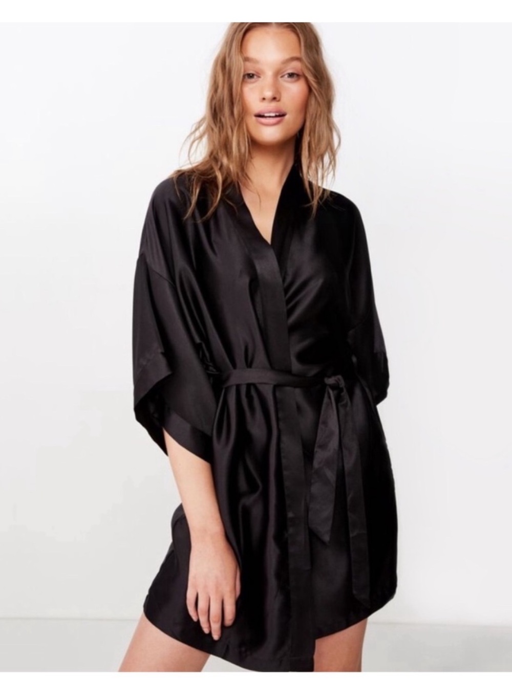 ThirdLove Black Satin Short Kimono Robe | OS